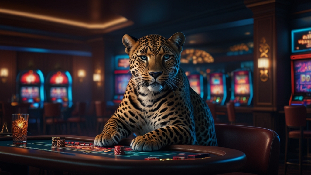 Pantalla de bono con estética de leopardo y barras de apuesta en un casino oscuro