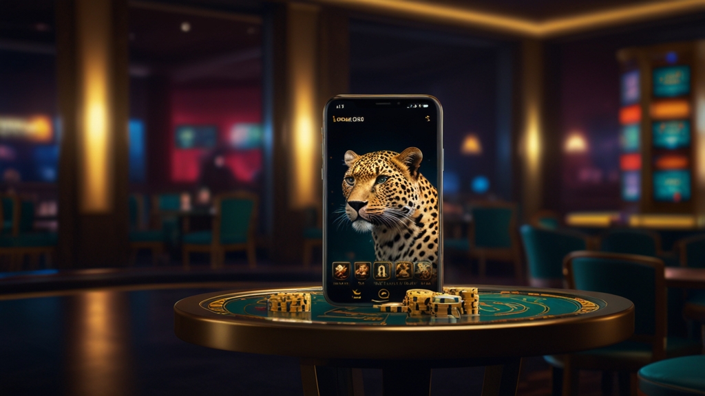 Móvil con interfaz de Luck Leopard App en un entorno de casino oscuro